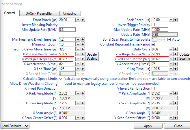 The Galvo-Galvo General Voltage Settings are Highlighted