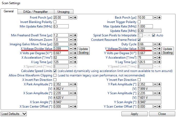 The Galvo-Galvo General Voltage Settings are Highlighted. They are different here.