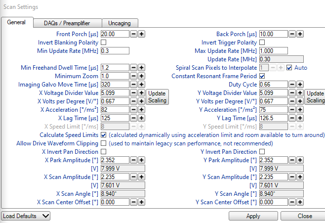 The Galvo-Galvo General Settings are Displayed