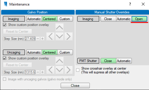 An image of the maintenance window with the Imaging Shutter Override option Open is selected is presented.